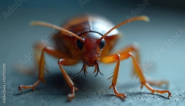 Fototapeta Detailed illustration of cockroach. Macro shot insect anatomy, exoskeleton, legs, antennae. Brown color against blurred backdrop. Explore microcosm, beauty, complexity of nature. High quality.