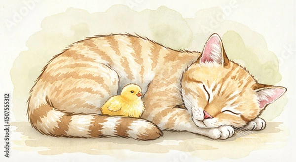 Fototapeta Watercolor painting of sleeping cat with chicks nestled beside, delicate brush strokes and soft earth tones, dreamy and tender mood with focus on warmth and protection, textured paper feel