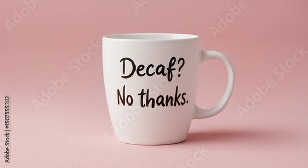 Fototapeta Side angle of white coffee cup with casual lettering "Decaf No thanks." on soft pink backdrop, cheeky and minimal design with copy space