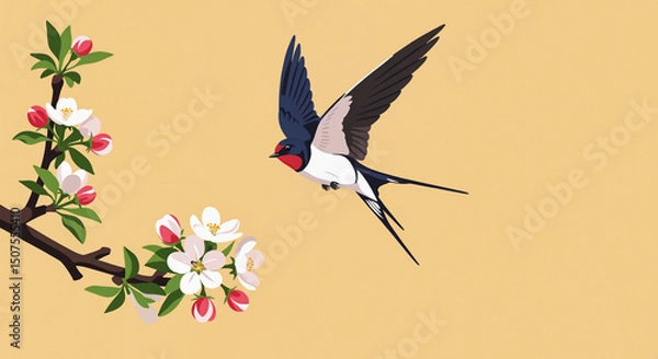 Obraz Stylized vector art of swallow hovering near blooming apple tree, bright colors and clean lines, fresh and joyful spring mood with minimal background and copy space