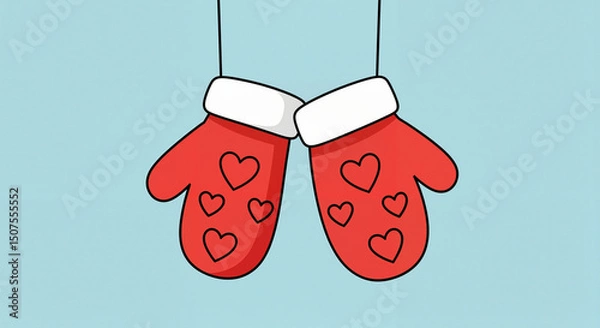 Fototapeta Stylized vector illustration of hanging red mittens with heart icons, festive flat design in bright colors for holiday decoration with copy space