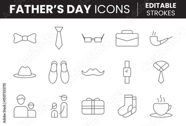 Fototapeta Father’s Day Icon Set – Flat & Line Style, Includes Tie, Mustache, Hat, Tools, Watch, Vector Symbols for Cards, Apps, Posters, UI