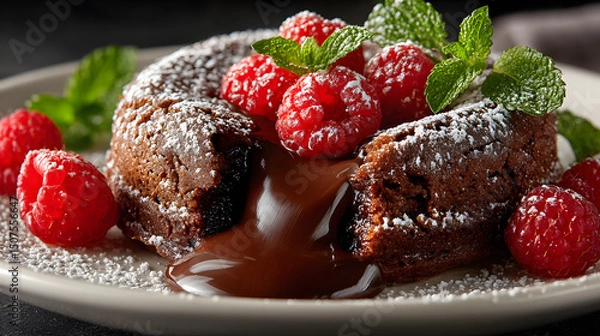 Fototapeta Molten Chocolate Lava Cake with Mint and Raspberries on White Plate
