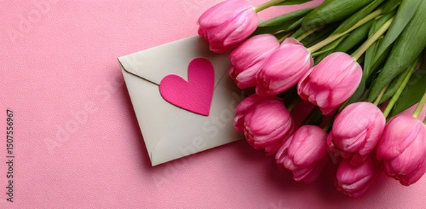 Fototapeta Bouquet of Pink Tulips with Envelope and Heart on Pink Background — Top View Greeting Card for Mother’s Day, Valentine’s Day, and Women’s Holiday, High Resolution

