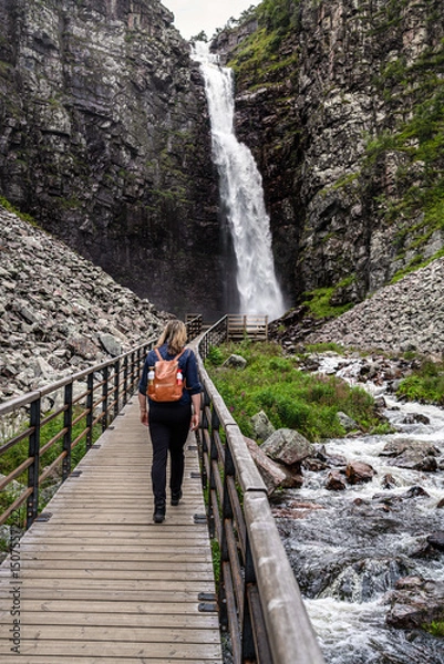 Fototapeta Female hiker walks over a wooden boardwalk in a deep gorge, approaching Njupeskär Waterfall in Fulufjället National Park, surrounded by gray rocky cliffs and lush green in Dalarna Sweden