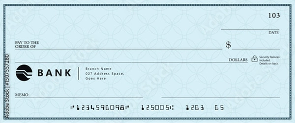 Fototapeta Blue Bank check, vector blank money cheque, checkbook template with guilloche pattern and fields. Currency payment coupon, money check background	