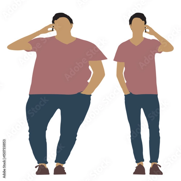 Fototapeta Conceptual fat overweight obese man vs slim fit healthy body after weight loss or diet, white background. A  fitness, nutrition or obesity, health care shape illustration vector as silhouettes