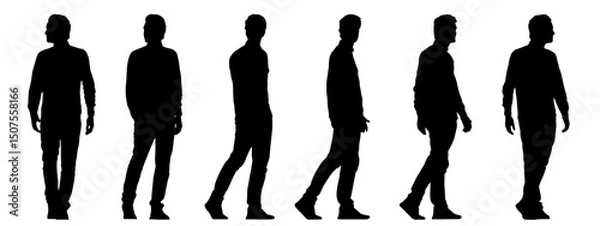 Fototapeta Vector concept conceptual black silhouette of an young man walking from different perspectives isolated on white. A metaphor for casual, fashion, relaxation, leisure and lifestyle