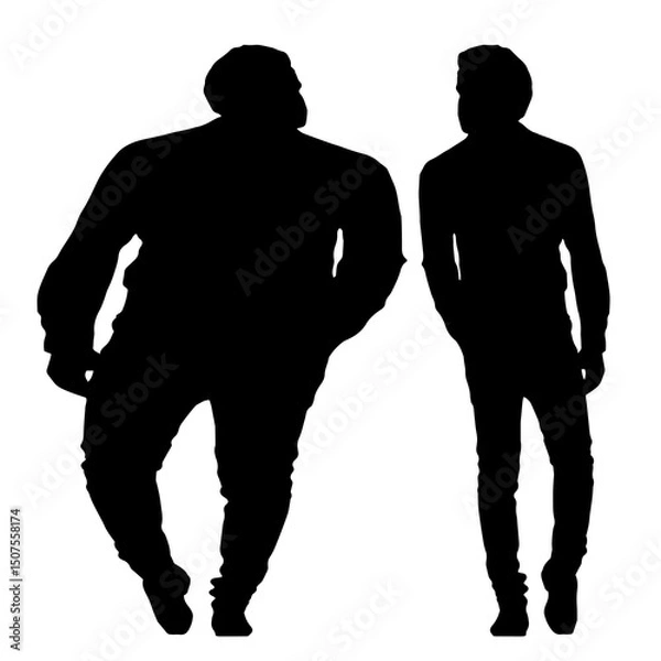 Fototapeta Conceptual fat overweight obese man vs slim fit healthy body after weight loss or diet, white background. A  fitness, nutrition or obesity, health care shape illustration vector as silhouettes