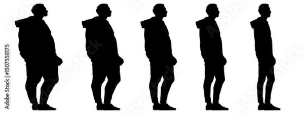 Fototapeta Conceptual fat overweight obese man vs slim fit healthy body after weight loss or diet, white background banner. A  fitness, nutrition or obesity, health care shape illustration vector as silhouettes