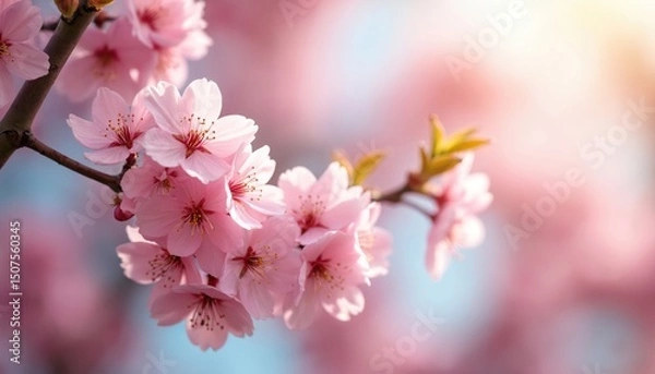 Fototapeta Close-up of cherry blossoms in bloom. Pink flowers on tree branches, floral spring scene. Soft focus of delicate petals, sunlight brightens, peaceful serene background. Perfect for floral designs,
