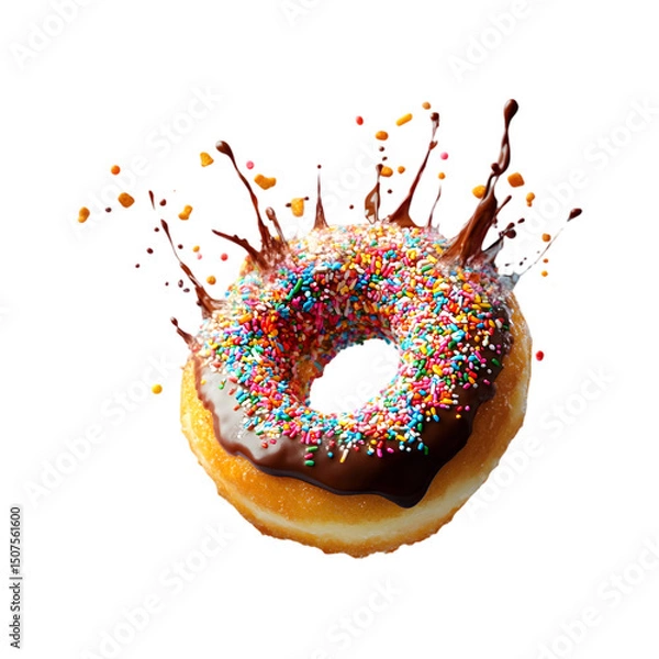 Fototapeta fluffy donut suspended in mid-air with colorful sprinkles and a drizzle of chocolate glaze splashing around, vibrant and fun, crispy details on the edges, isolated on transparent background, png cutou