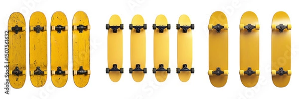 Fototapeta Set of Modern minimalism photo of white skateboard leaning against bright yellow pastel wall, hard light on transparent png background. Ai generated