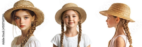 Fototapeta Set of Photograph of a traditional round straw gardening hat, side view on transparent png background. Ai generated