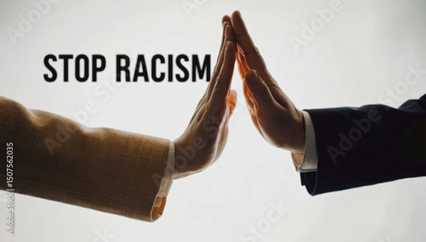 Obraz Hands of diverse individuals reaching out to each other in a symbolic gesture against discrimination, with a powerful message promoting unity and equality in society