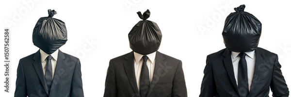 Fototapeta Set of Real photo of a man standing with a black garbage bag filled with waste on transparent png background. Ai generated
