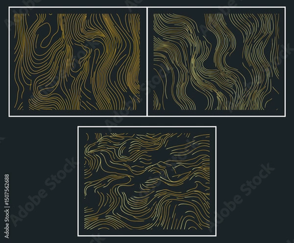 Fototapeta Abstract gold line wood texture set. Topography contour, organic nature texture covers, labels, invitations and posters. Wave art vector design