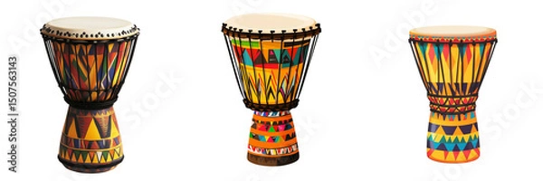 Fototapeta Set of Side angle shot of a richly detailed African djembe drum standing alone on transparent png background. Ai generated