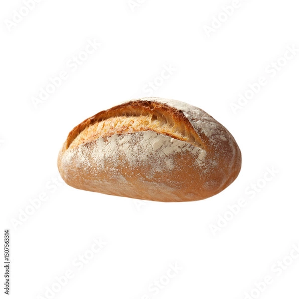 Fototapeta freshly baked bread loaf suspended in mid-air, with a burst of flour and butter splashing around, golden-brown crust with a soft, fluffy interior texture, isolated on transparent background, png cutou