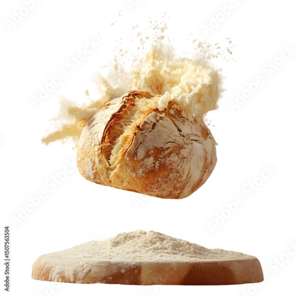 Fototapeta freshly baked bread loaf suspended in mid-air, with a burst of flour and butter splashing around, golden-brown crust with a soft, fluffy interior texture, isolated on transparent background, png cutou