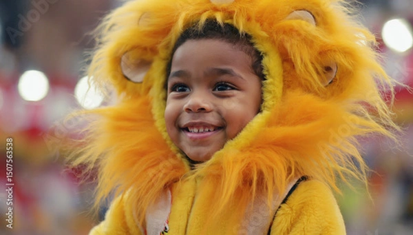 Obraz Young child wearing a vibrant lion costume with a fluffy mane, smiling joyfully during a festive celebration, surrounded by colorful decorations and cheerful atmosphere