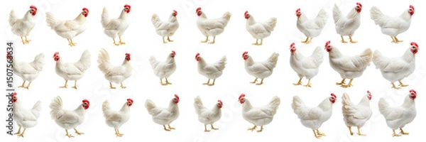 Fototapeta Set of White Leghorn rooster in full body view, captured under softbox lighting, clean and crisp on transparent png background. Ai generated