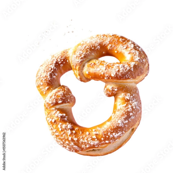 Fototapeta freshly baked pretzel with salt flying around it, soft, chewy texture with a golden-brown crust, isolated on transparent background, png cutout
