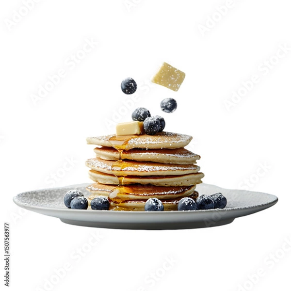 Fototapeta freshly stacked pancakes with melting butter and maple syrup splashing around, a burst of blueberries and powdered sugar flying, isolated on transparent background, png cutout