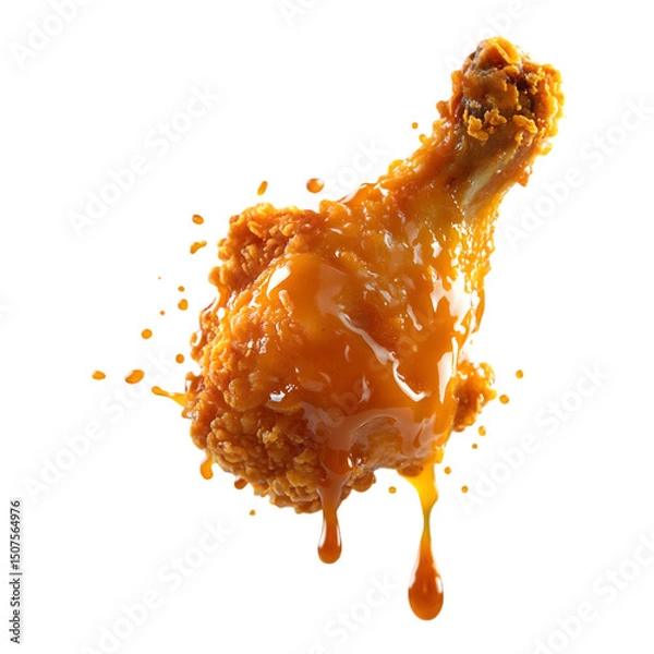 Fototapeta golden-brown crispy chicken drumstick suspended mid-air with a burst of savory sauce splashing around, droplets frozen in motion, glistening skin detail, isolated on transparent background, png cutout