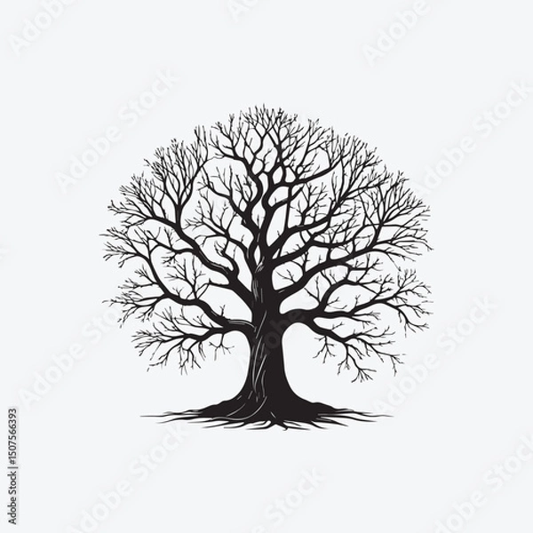 Obraz Highly Detailed Black and White Vector Art Illustration of Atmospheric Realistic Tree Silhouette with Textured Bark, Dark Branches, and Intricate Roots