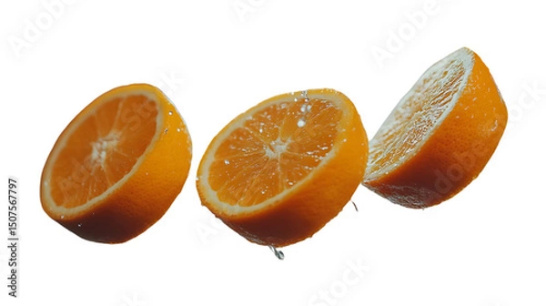 Fototapeta juicy orange slices suspended with tangy splashes and misty droplets in the air, bright and refreshing citrus theme, isolated on transparent background, png cutout