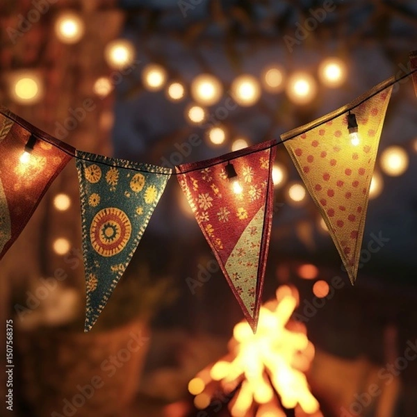 Fototapeta Close-up of colorful São João flags with string lights, glowing warmly, and a festive bonfire in the background, perfect for June celebrations.

