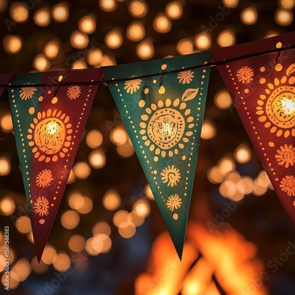 Fototapeta Close-up of colorful São João flags with string lights, glowing warmly, and a festive bonfire in the background, perfect for June celebrations.

