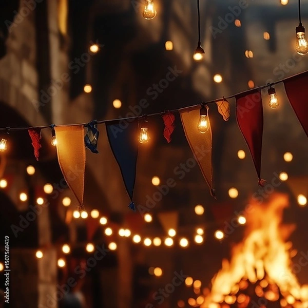 Fototapeta Close-up of colorful São João flags with string lights, glowing warmly, and a festive bonfire in the background, perfect for June celebrations.

