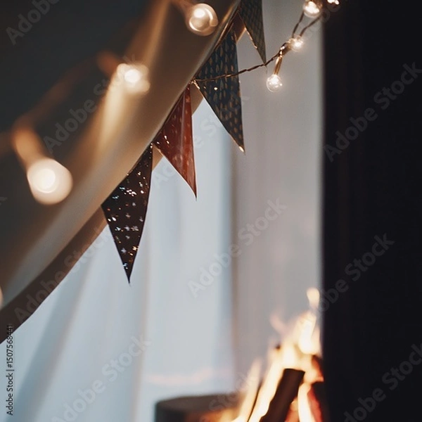 Fototapeta Close-up of colorful São João flags with string lights, glowing warmly, and a festive bonfire in the background, perfect for June celebrations.

