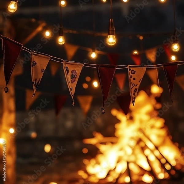 Fototapeta Close-up of colorful São João flags with string lights, glowing warmly, and a festive bonfire in the background, perfect for June celebrations.

