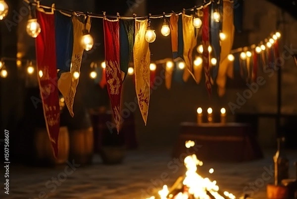 Fototapeta Close-up of colorful São João flags with string lights, glowing warmly, and a festive bonfire in the background, perfect for June celebrations.

