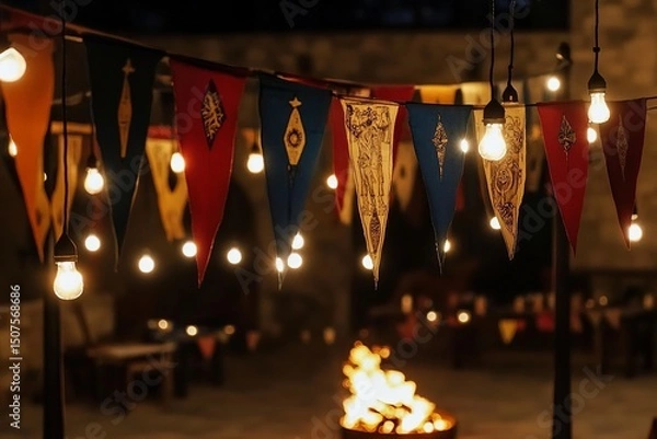 Fototapeta Close-up of colorful São João flags with string lights, glowing warmly, and a festive bonfire in the background, perfect for June celebrations.

