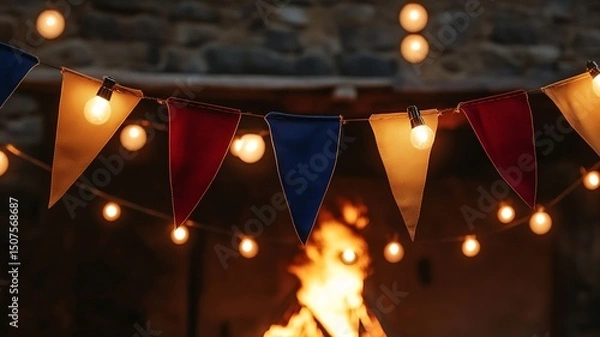 Fototapeta Close-up of colorful São João flags with string lights, glowing warmly, and a festive bonfire in the background, perfect for June celebrations.

