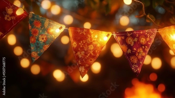 Fototapeta Close-up of colorful São João flags with string lights, glowing warmly, and a festive bonfire in the background, perfect for June celebrations.

