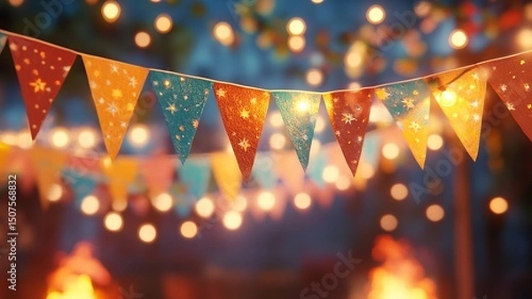 Fototapeta Close-up of colorful São João flags with string lights, glowing warmly, and a festive bonfire in the background, perfect for June celebrations.

