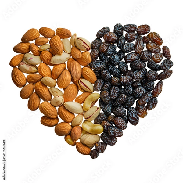 Fototapeta luxury dry fruits arranged in the shape of a heart golden almonds, plump raisins, cashew curls, rich brown dates, and pistachio halves forming clean edges, warm lighting and emotional appeal