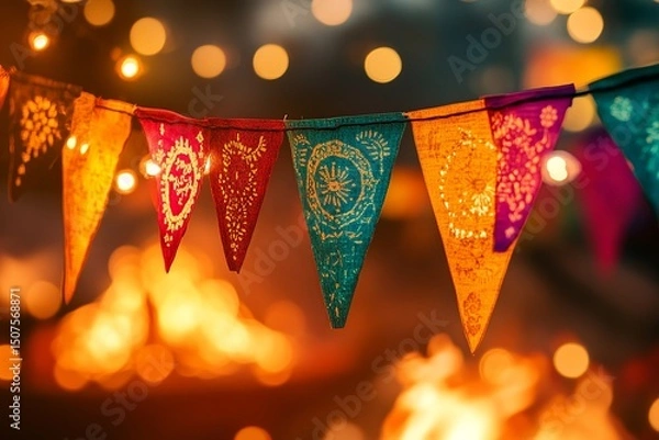 Fototapeta Close-up of colorful São João flags with string lights, glowing warmly, and a festive bonfire in the background, perfect for June celebrations.

