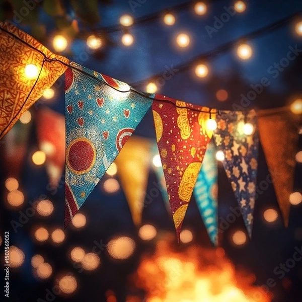 Fototapeta Close-up of colorful São João flags with string lights, glowing warmly, and a festive bonfire in the background, perfect for June celebrations.

