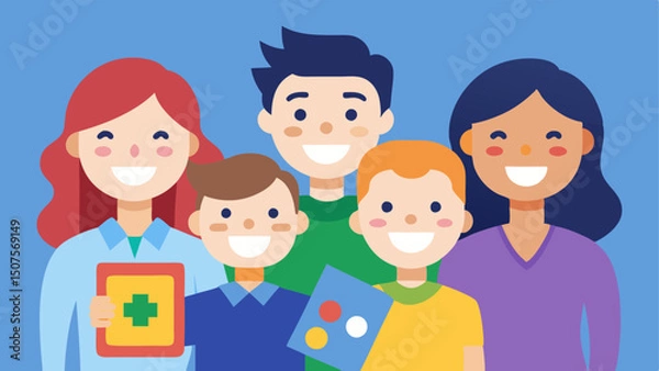 Fototapeta Family Photo Moment The family posing together with their favorite board games all smiling and showing excitement for the night.