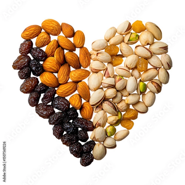 Fototapeta luxury dry fruits arranged in the shape of a heart golden almonds, plump raisins, cashew curls, rich brown dates, and pistachio halves forming clean edges, warm lighting and emotional appeal