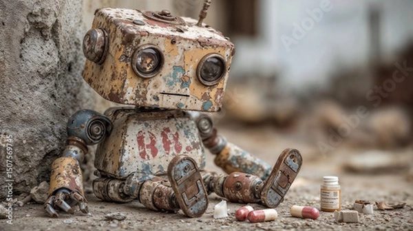 Obraz Rusty Robot with Pills in Alleyway