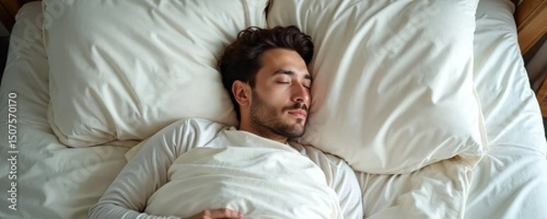 Obraz Handsome man peacefully sleeps on cozy bed. Fluffy white bedding, soft pillows for rest. Peaceful, calm, serene atmosphere. Comfort, wellness, relaxation, deep sleep, good night.