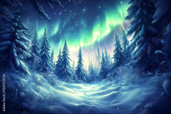 Fototapeta a snow-covered forest under a sky illuminated by bright green and blue northern lights