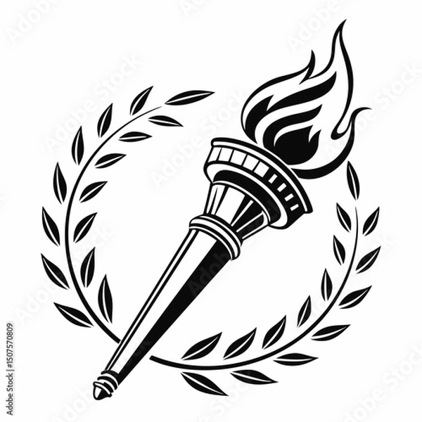 Fototapeta Symbolic torch with flames surrounded by laurel wreath in black and white